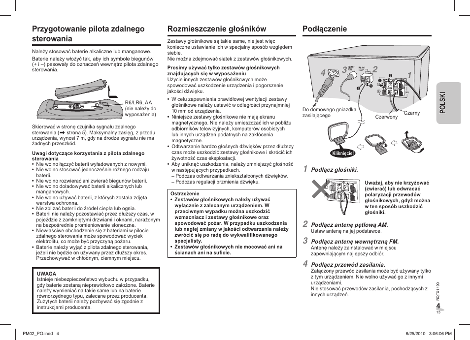 Przygotowanie pilota zdalnego sterowania, Rozmieszczenie głośników, Podłączenie | Panasonic SCPM02EP User Manual | Page 13 / 48