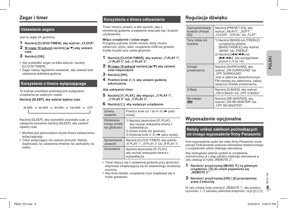Zegar i timer, Regulacja dźwięku, Wyposażenie opcjonalne | Panasonic SCPM02EP User Manual | Page 17 / 48