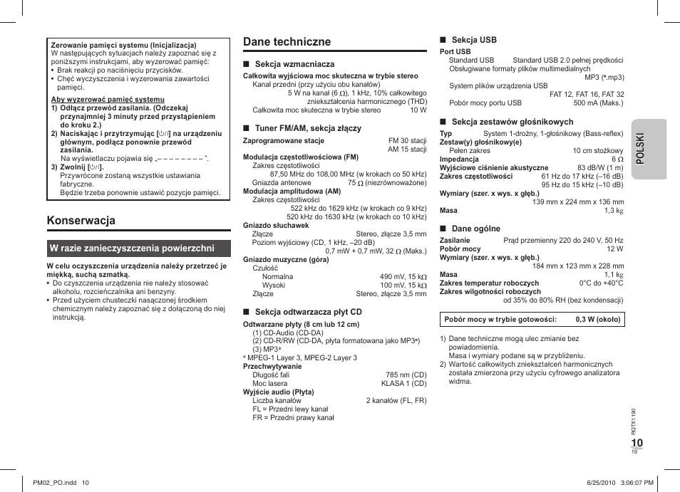 Dane techniczne, Konserwacja, 10 po ls k i polski | Panasonic SCPM02EP User Manual | Page 19 / 48