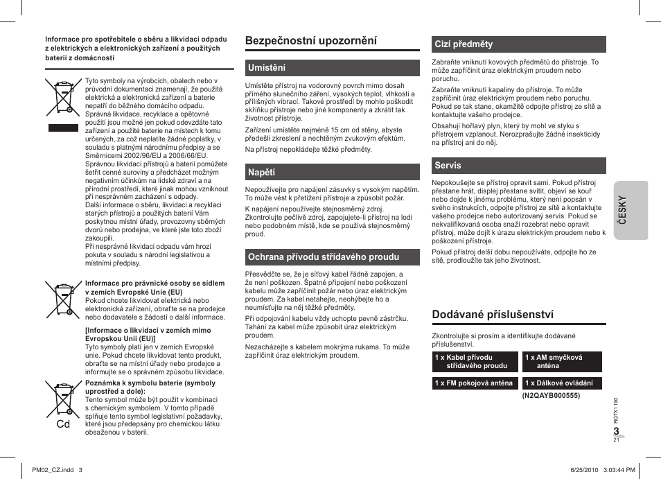 Bezpečnostní upozornění, Dodávané příslušenství | Panasonic SCPM02EP User Manual | Page 21 / 48
