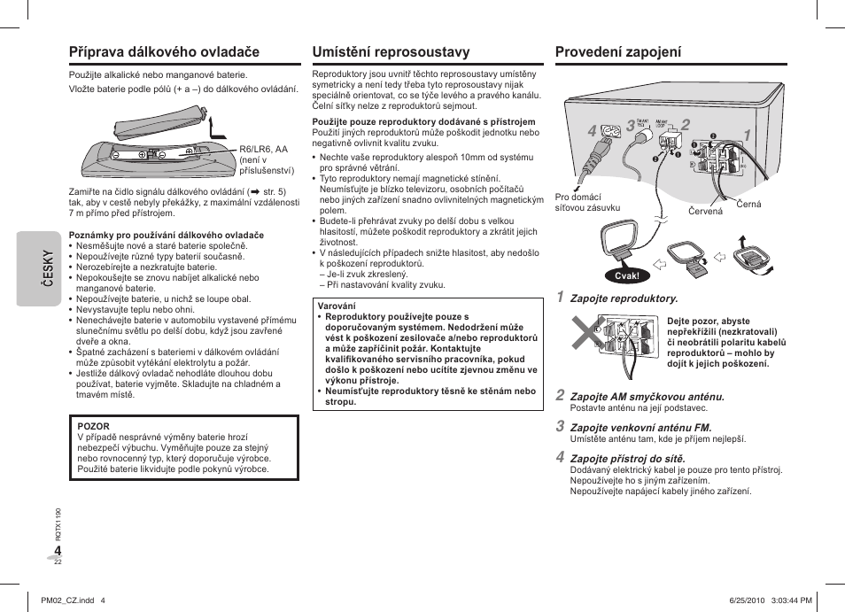 Příprava dálkového ovladače, Umístění reprosoustavy, Provedení zapojení | Panasonic SCPM02EP User Manual | Page 22 / 48