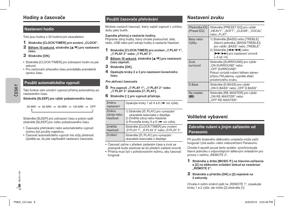 Hodiny a časovače, Nastavení zvuku, Volitelné vybavení | Panasonic SCPM02EP User Manual | Page 26 / 48