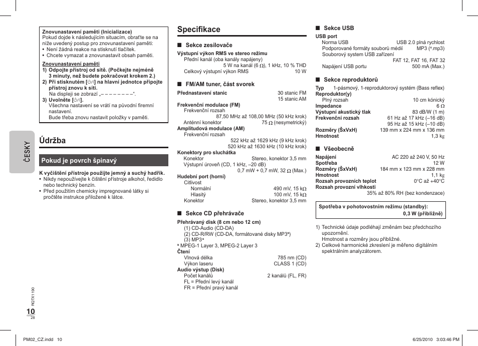 Specifi kace, Údržba | Panasonic SCPM02EP User Manual | Page 28 / 48