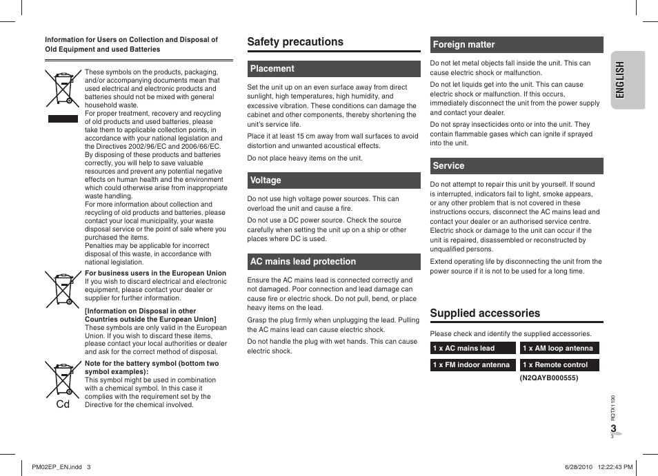 Safety precautions, Supplied accessories | Panasonic SCPM02EP User Manual | Page 3 / 48