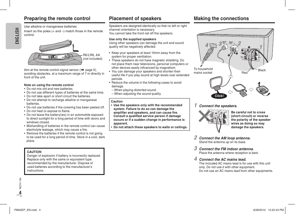 Preparing the remote control, Placement of speakers, Making the connections | Panasonic SCPM02EP User Manual | Page 4 / 48