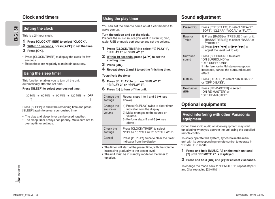 Clock and timers, Sound adjustment, Optional equipments | Panasonic SCPM02EP User Manual | Page 8 / 48