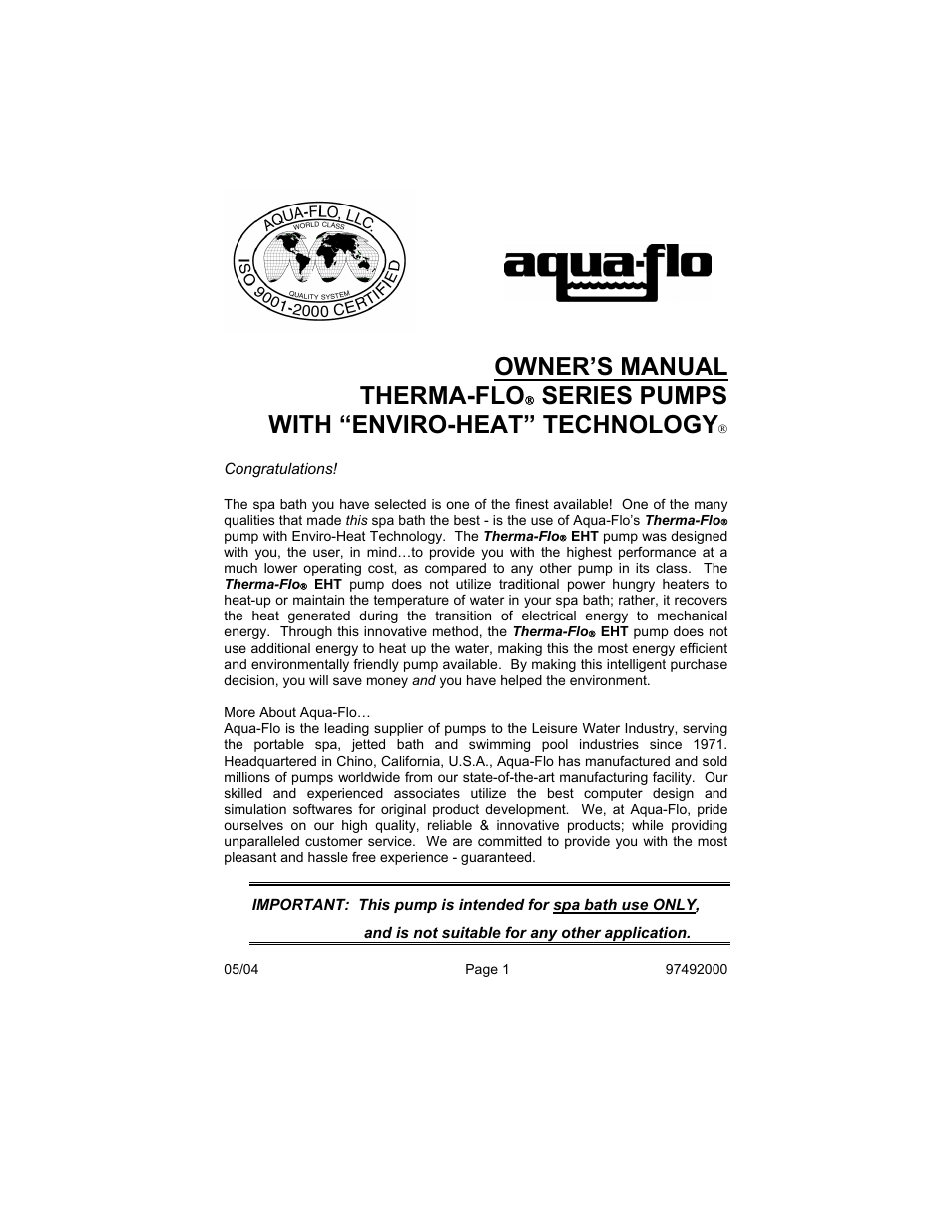 Aqua Flo Therma-Flo EHT User Manual | 6 pages