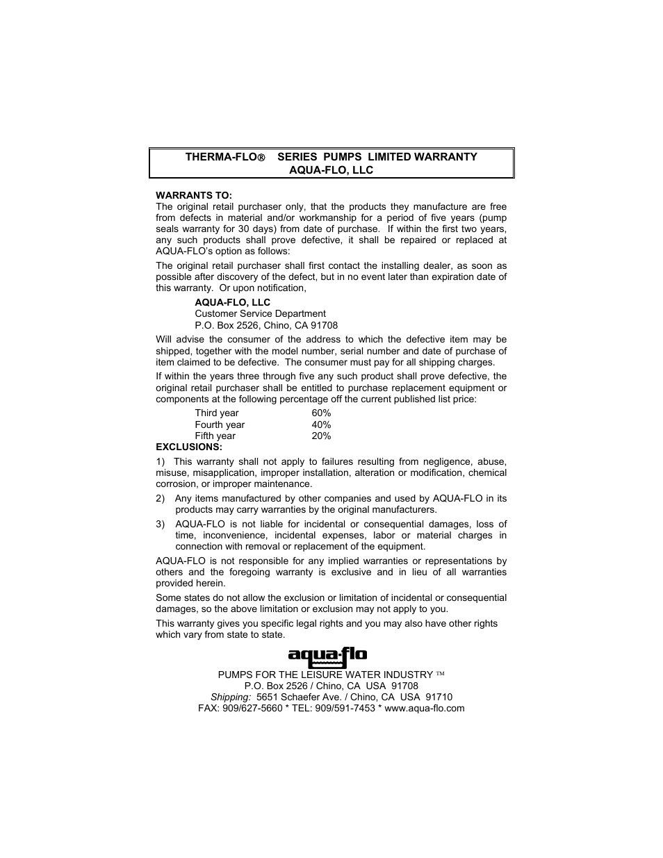 Aqua Flo Therma-Flo EHT User Manual | Page 6 / 6