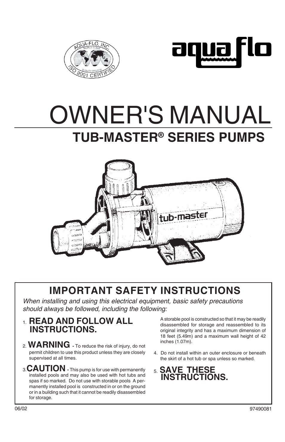 Aqua Flo Tub-Master Series User Manual | 5 pages