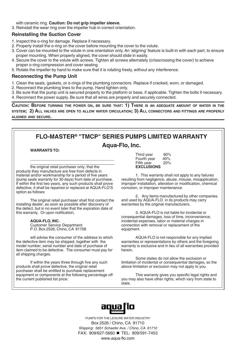Flo-master, Tmcp" series pumps limited warranty aqua-flo, inc | Aqua Flo Tub-Master Series User Manual | Page 5 / 5