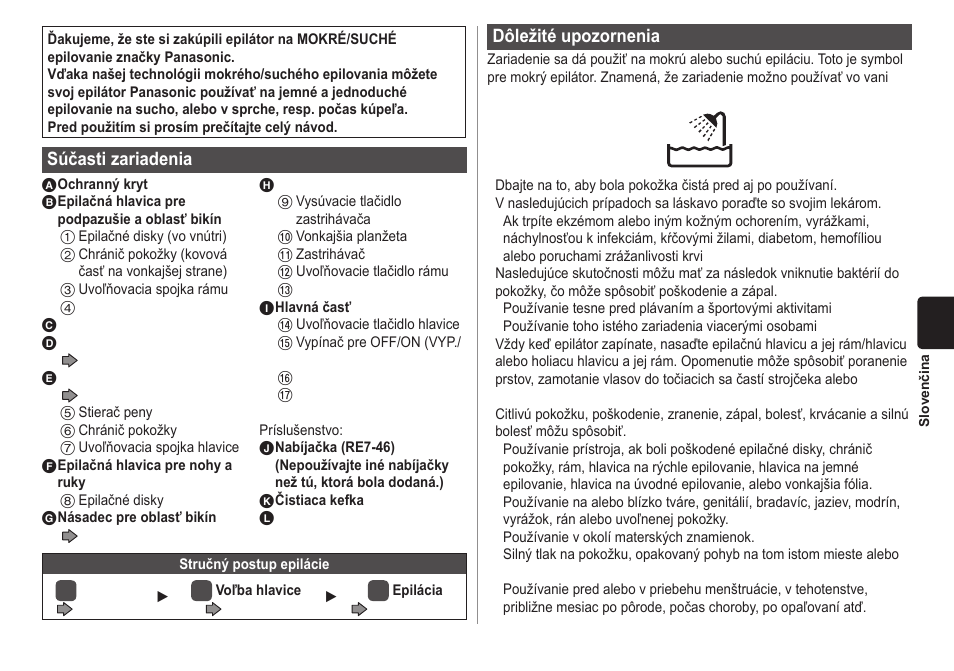 Súčasti zariadenia, Dôležité upozornenia | Panasonic ESWD70 User Manual | Page 105 / 138