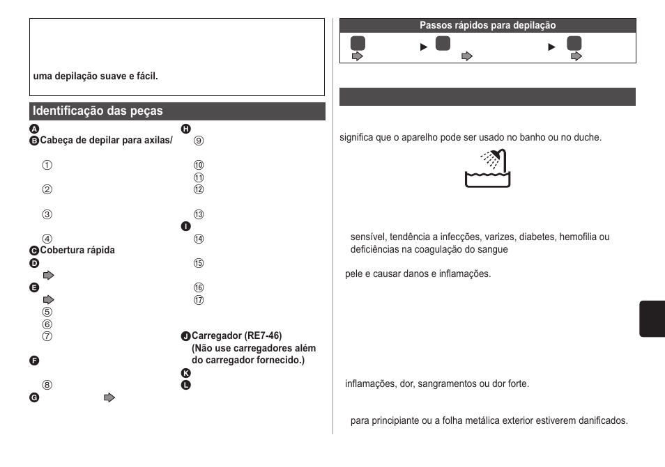 Identificação das peças, Importante | Panasonic ESWD70 User Manual | Page 51 / 138