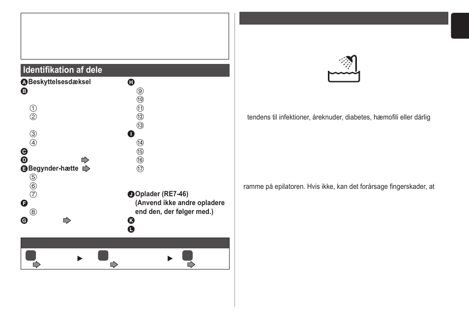 Identifikation af dele, Vigtigt | Panasonic ESWD70 User Manual | Page 73 / 138