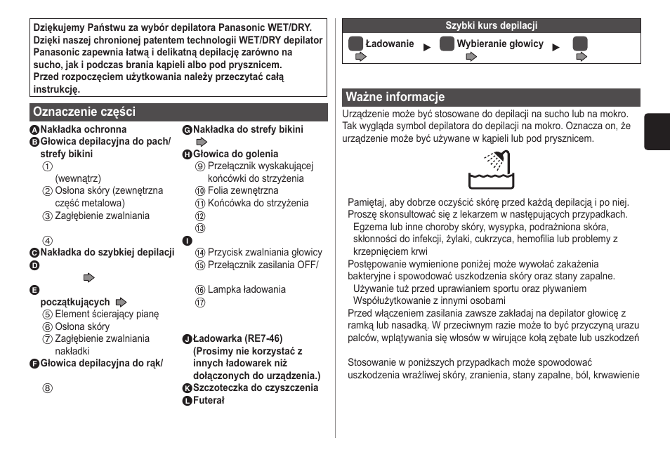 Oznaczenie części, Ważne informacje | Panasonic ESWD70 User Manual | Page 89 / 138