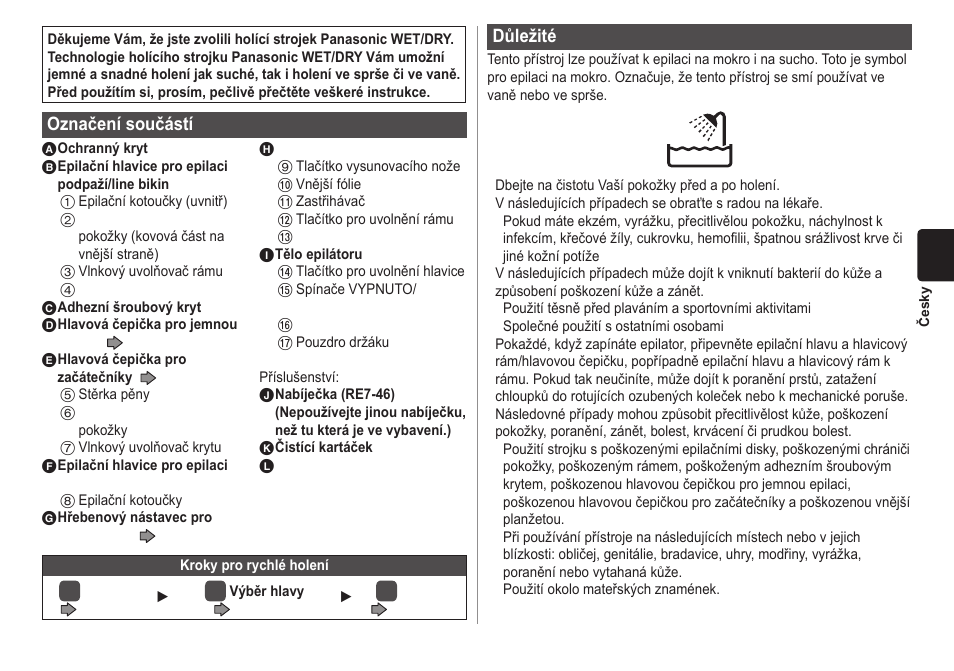 Označení součástí, Důležité | Panasonic ESWD70 User Manual | Page 97 / 138