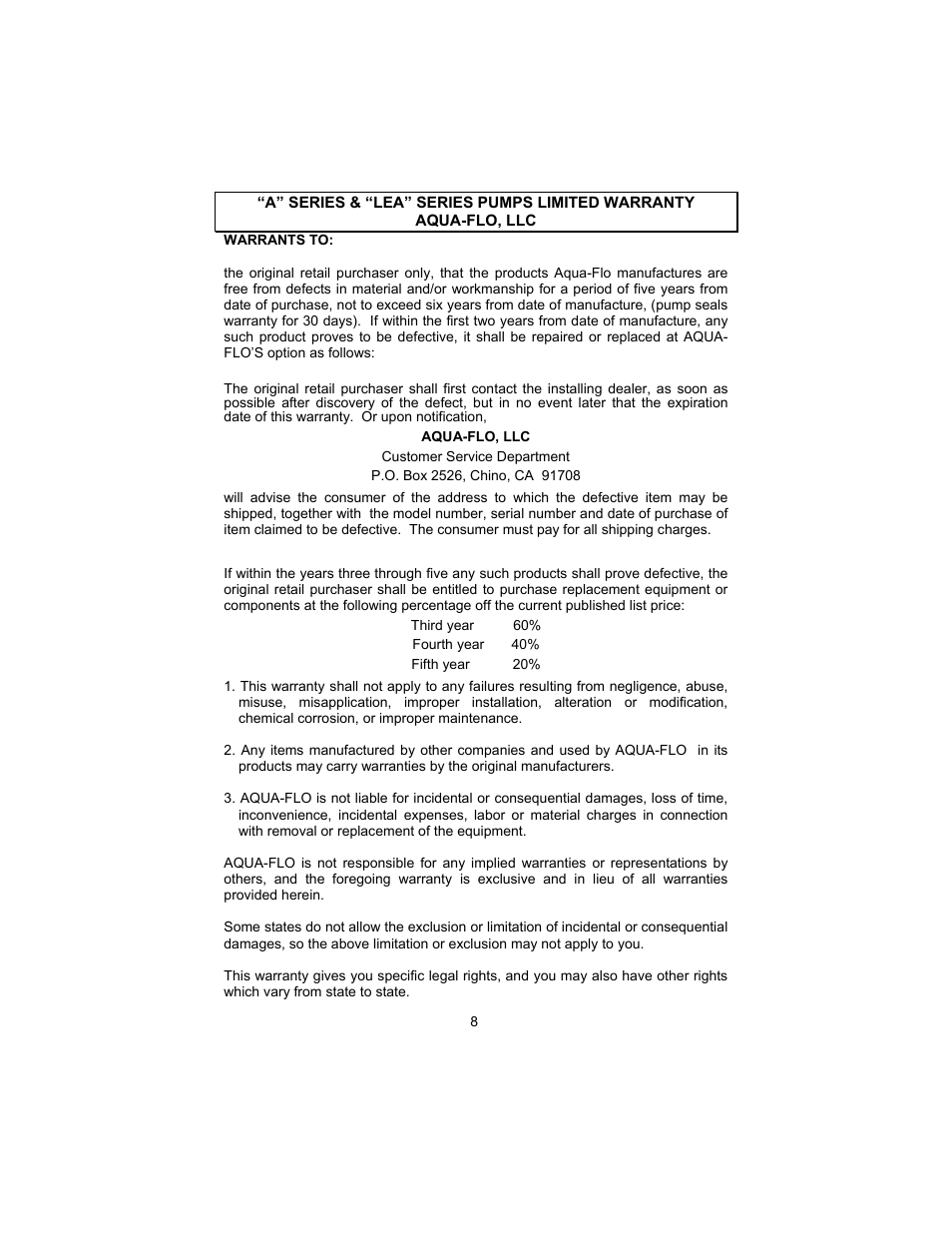 Aqua Flo A Series User Manual | Page 8 / 8