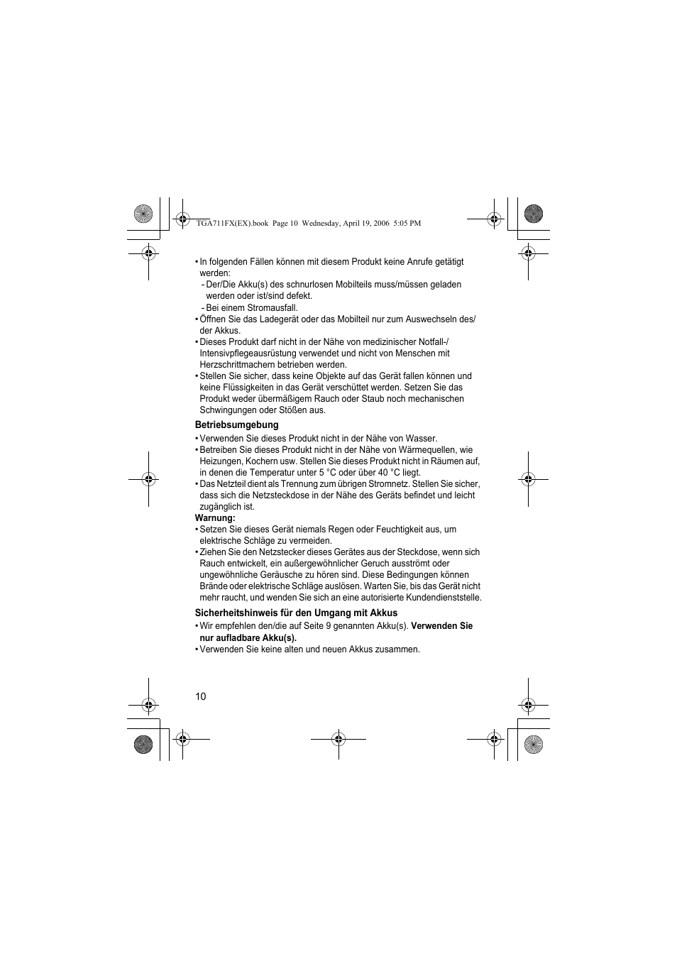 Betriebsumgebung, Sicherheitshinweis für den umgang mit akkus | Panasonic KXTGA711FX User Manual | Page 10 / 40