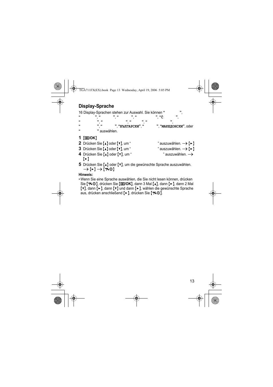 Display-sprache, 1 {j/ok, Hinweis | Panasonic KXTGA711FX User Manual | Page 13 / 40