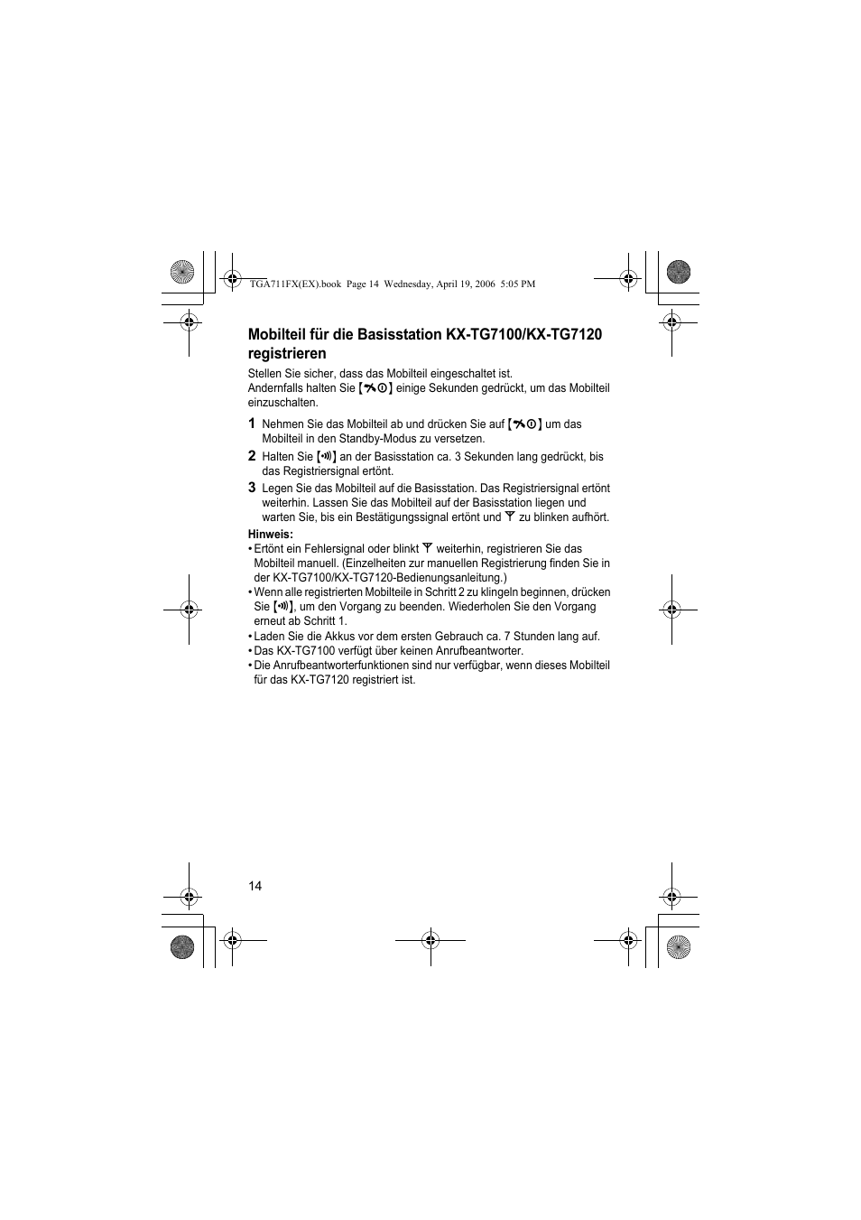Hinweis | Panasonic KXTGA711FX User Manual | Page 14 / 40