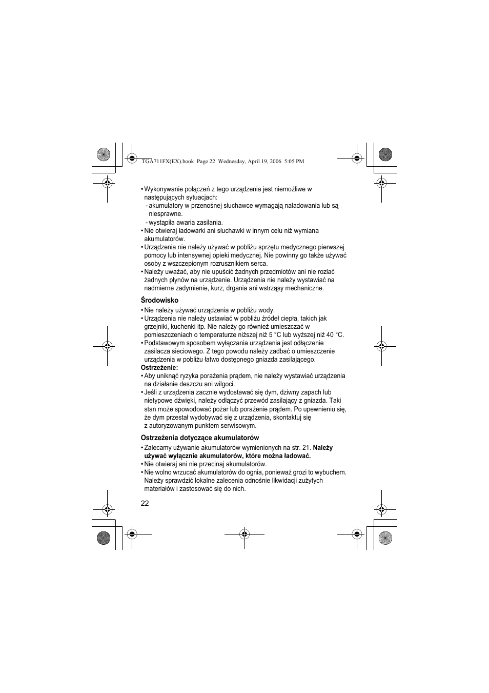 Œrodowisko, Ostrze¿enia dotycz¶ce akumulatorów | Panasonic KXTGA711FX User Manual | Page 22 / 40