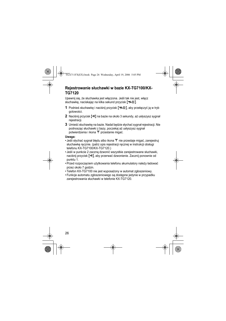 Uwaga | Panasonic KXTGA711FX User Manual | Page 26 / 40