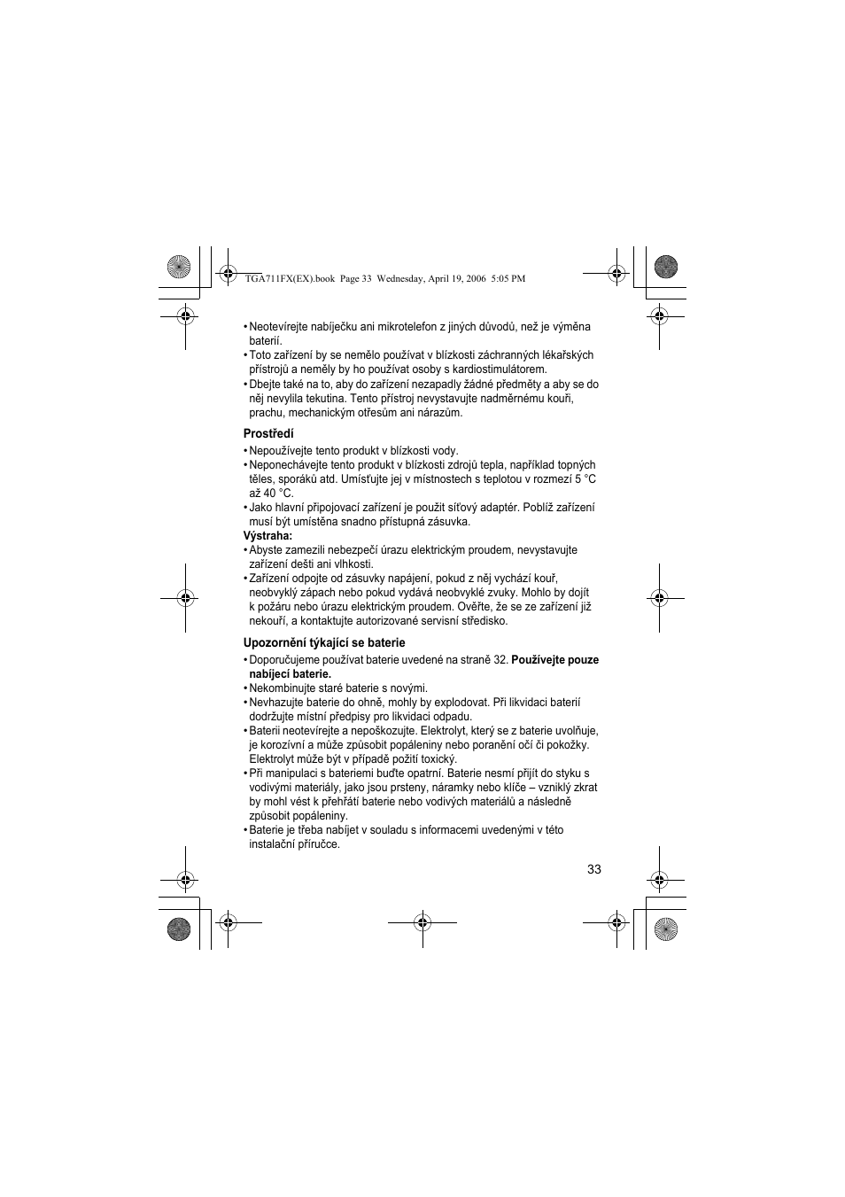 Prostøedí, Upozornìní tækající se baterie | Panasonic KXTGA711FX User Manual | Page 33 / 40