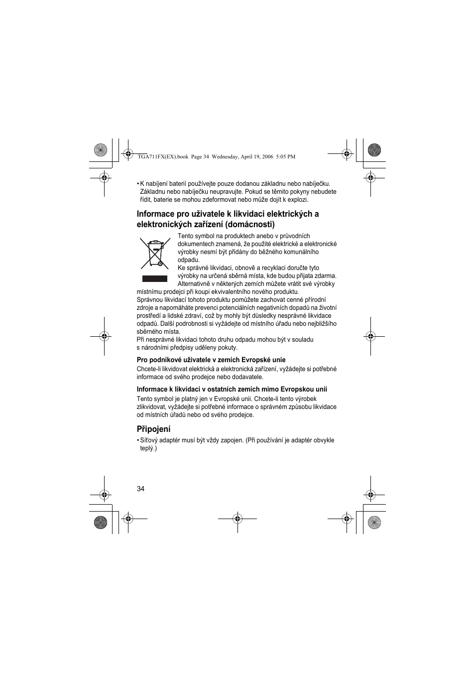 Pro podnikové u˛ivatele vzemích evropské unie, Pøipojení | Panasonic KXTGA711FX User Manual | Page 34 / 40