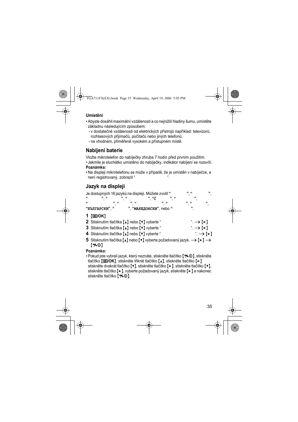 Umístìní, Nabíjení baterie, Jazyk na displeji | 1 {j/ok, Poznámka | Panasonic KXTGA711FX User Manual | Page 35 / 40