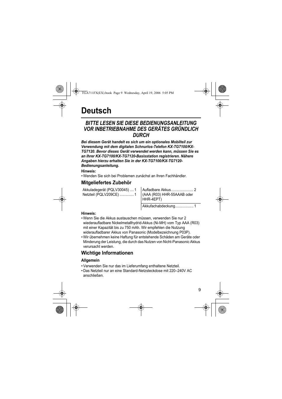 Deutsch, Hinweis, Mitgeliefertes zubehör | Wichtige informationen, Allgemein | Panasonic KXTGA711FX User Manual | Page 9 / 40