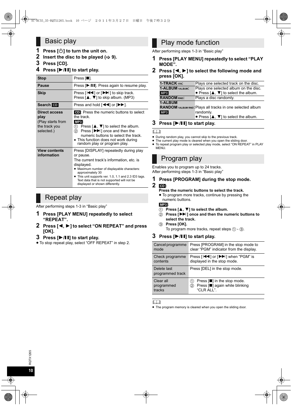 Basic play, Repeat play play mode function, Program play | Panasonic SCHC35EP User Manual | Page 10 / 92