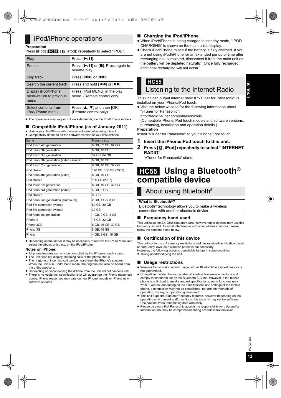 Hc55] using a bluetooth, Compatible device, Ipod/iphone operations | Panasonic SCHC35EP User Manual | Page 13 / 92