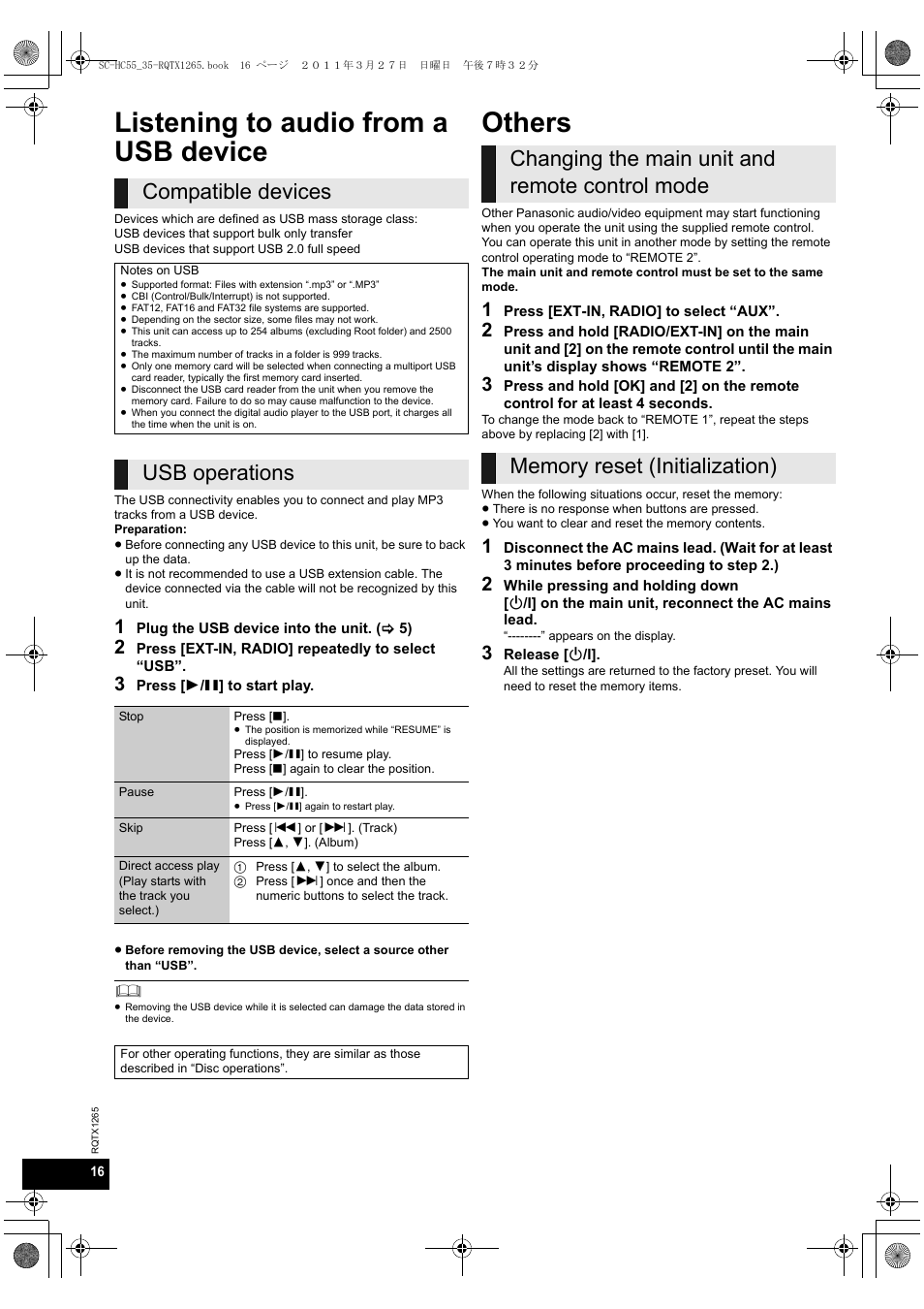 Listening to audio from a usb device, Others, Compatible devices | Usb operations | Panasonic SCHC35EP User Manual | Page 16 / 92