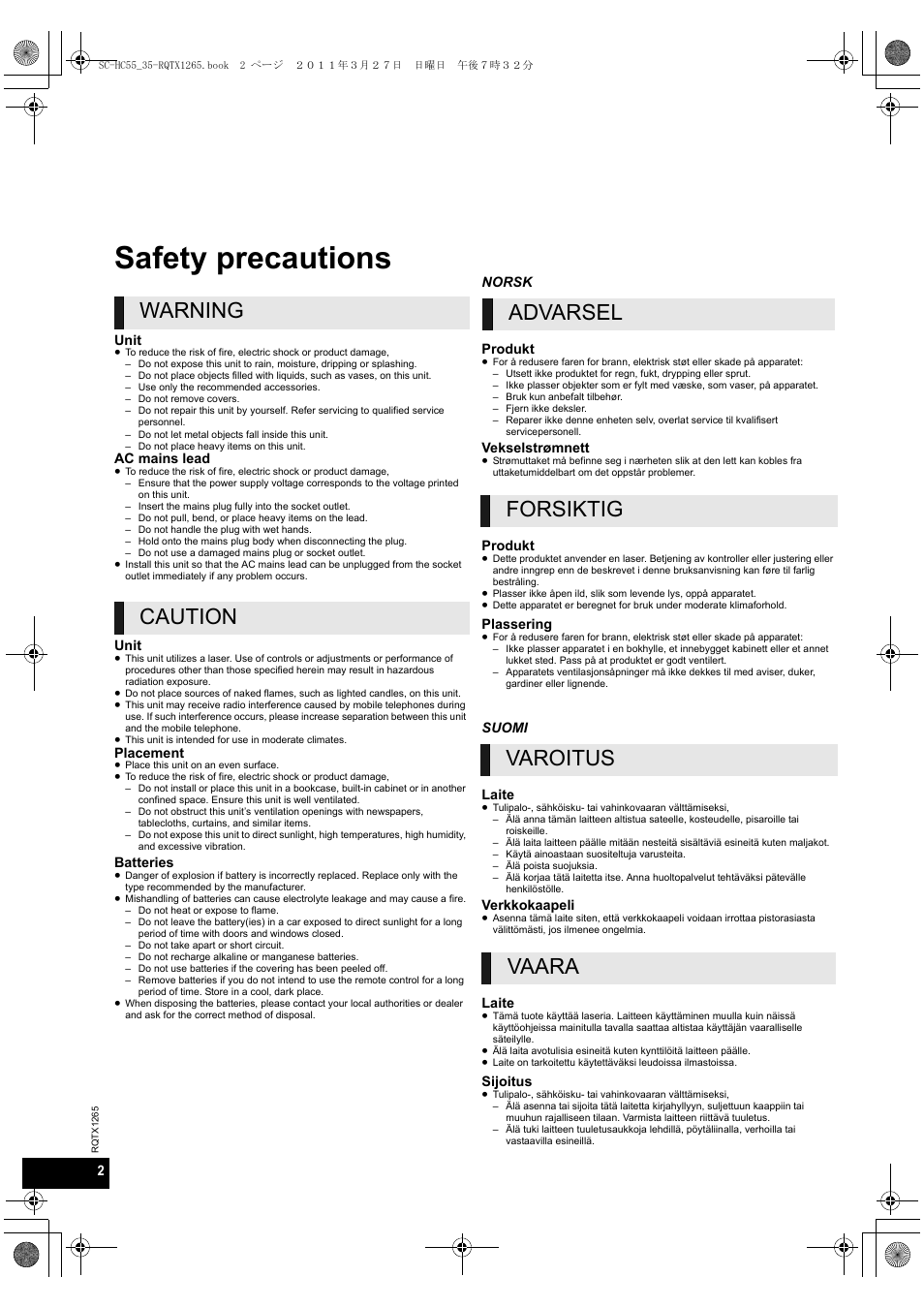 Safety precautions, Warning caution advarsel forsiktig varoitus vaara | Panasonic SCHC35EP User Manual | Page 2 / 92