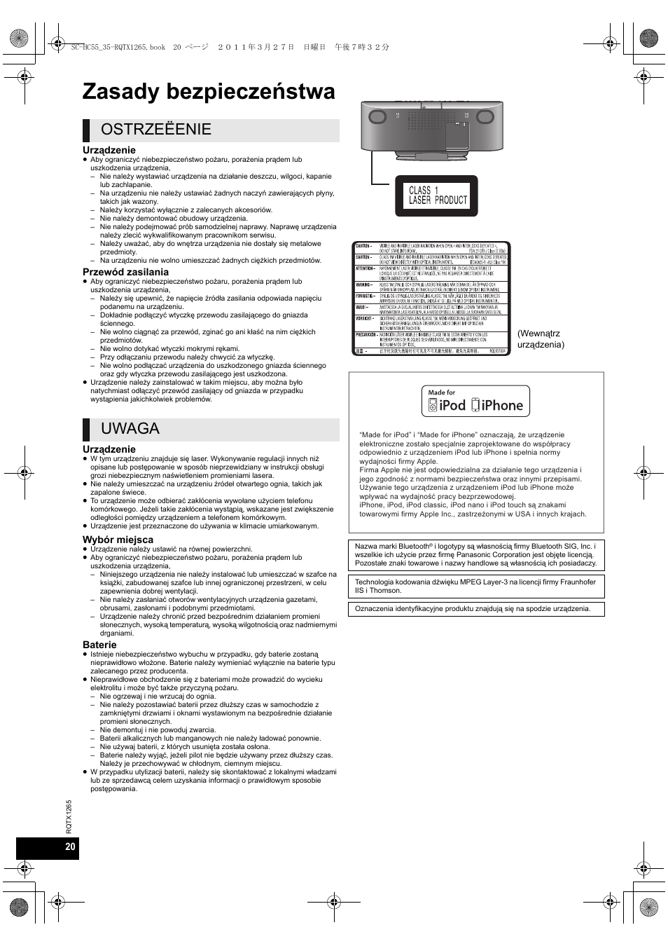 Zasady bezpieczeństwa, Ostrzeëenie uwaga | Panasonic SCHC35EP User Manual | Page 20 / 92