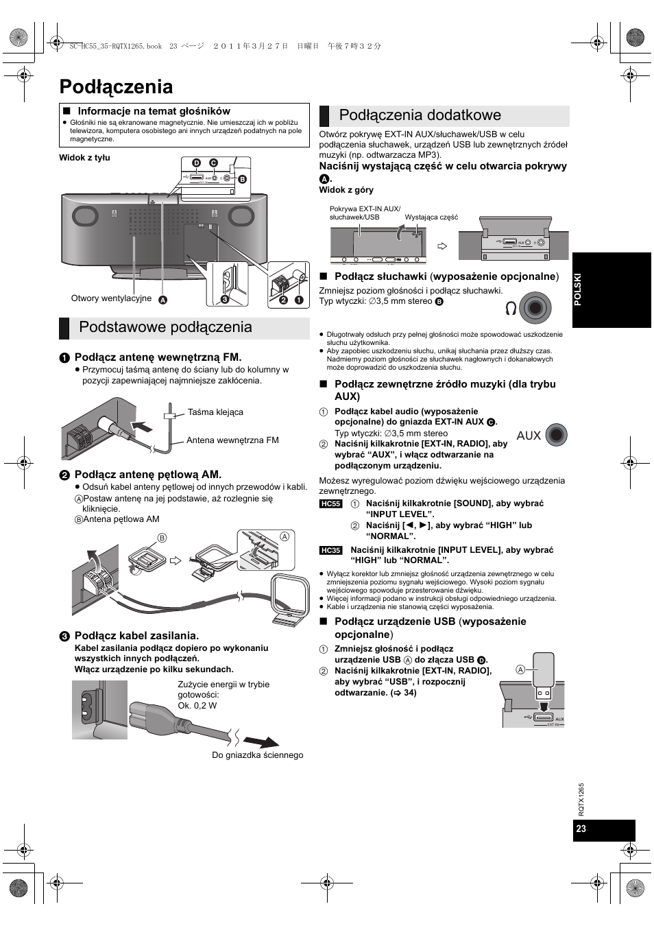 Podłączenia, Podstawowe podłączenia, Podłączenia dodatkowe | Panasonic SCHC35EP User Manual | Page 23 / 92