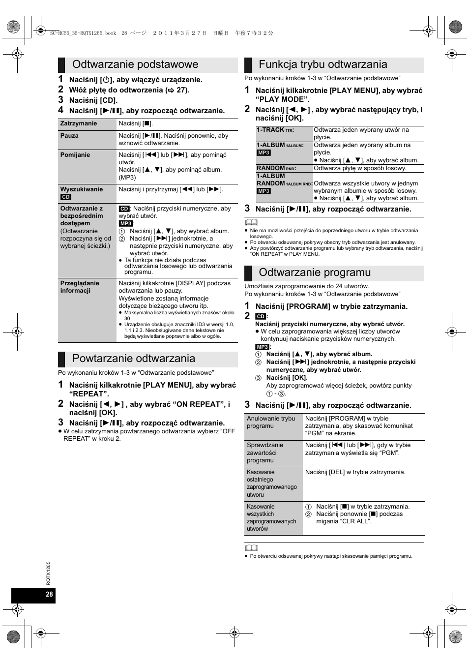 Odtwarzanie podstawowe, Powtarzanie odtwarzania funkcja trybu odtwarzania, Odtwarzanie programu | Panasonic SCHC35EP User Manual | Page 28 / 92