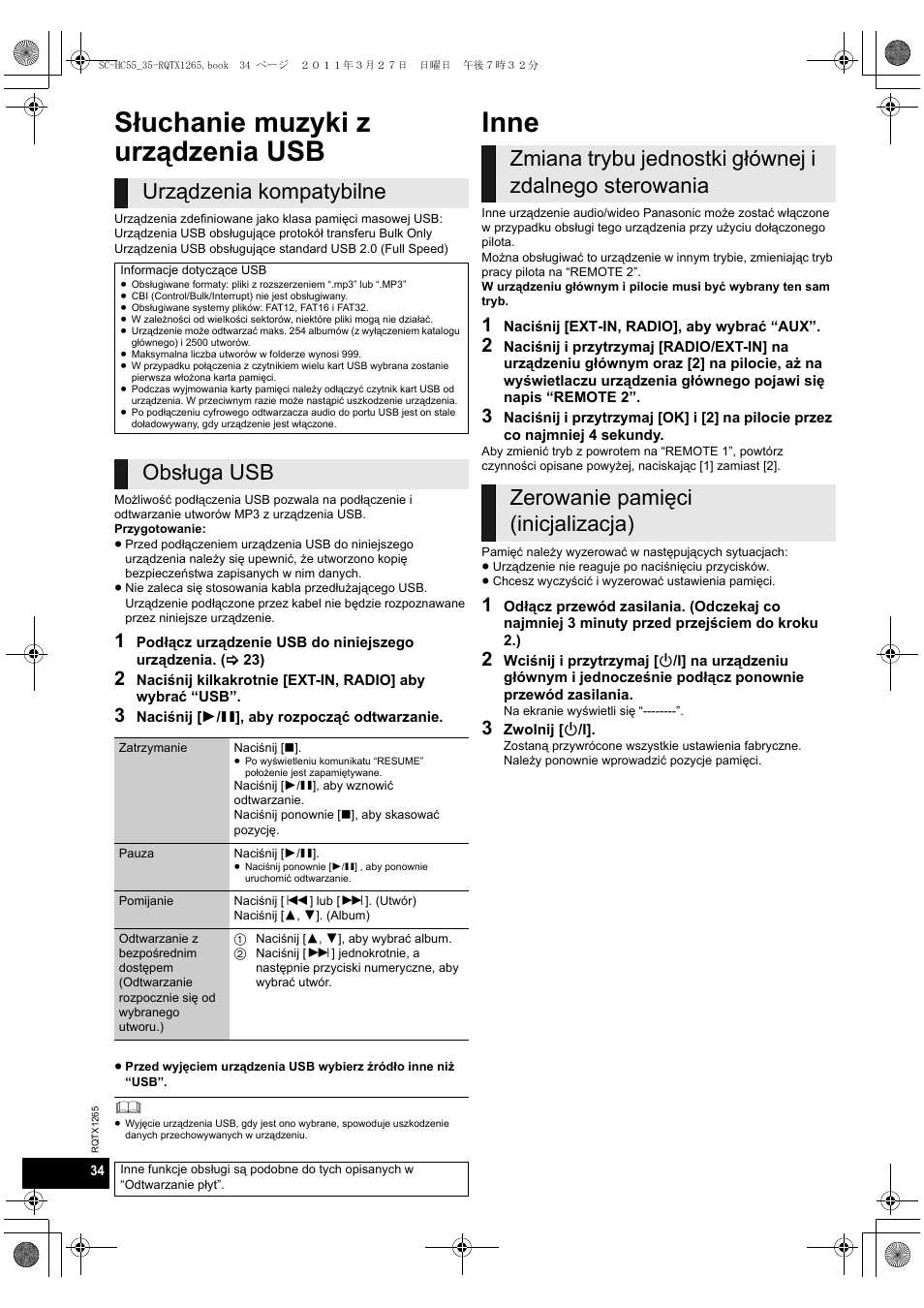 Słuchanie muzyki z urządzenia usb, Inne, Urządzenia kompatybilne | Obsługa usb | Panasonic SCHC35EP User Manual | Page 34 / 92