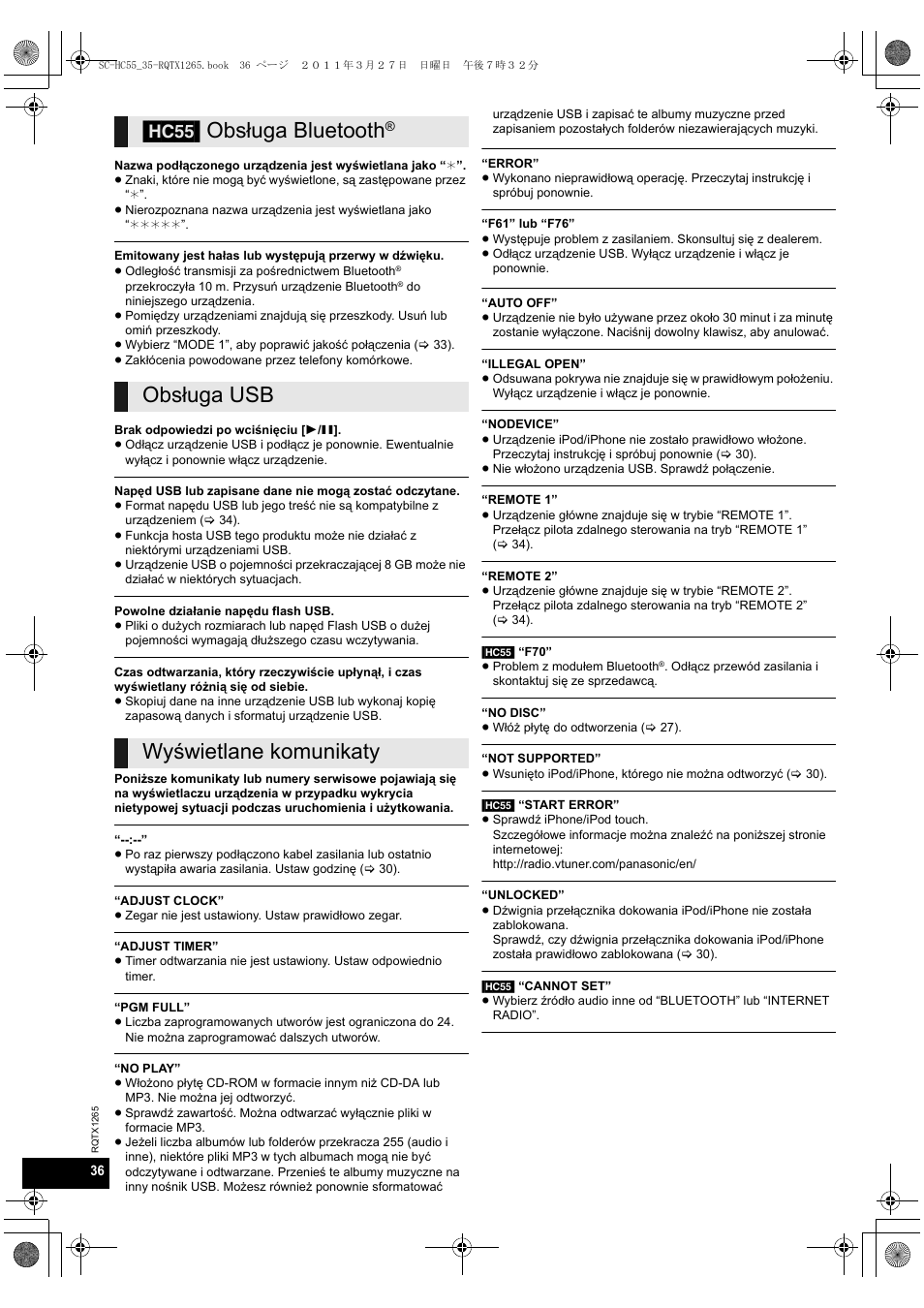 Hc55] obsługa bluetooth, Obsługa usb wyświetlane komunikaty | Panasonic SCHC35EP User Manual | Page 36 / 92