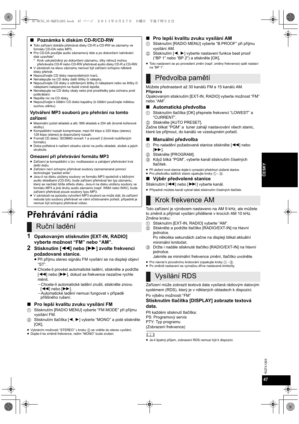 Přehrávání rádia | Panasonic SCHC35EP User Manual | Page 47 / 92