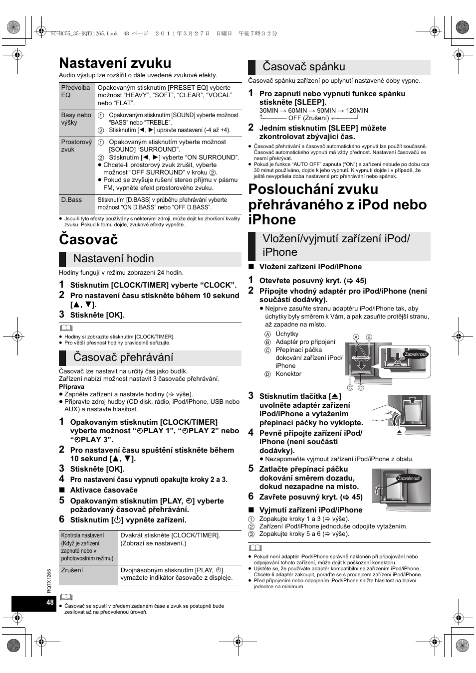 Nastavení zvuku, Časovač, Poslouchání zvuku přehrávaného z ipod nebo iphone | Nastavení hodin časovač přehrávání | Panasonic SCHC35EP User Manual | Page 48 / 92