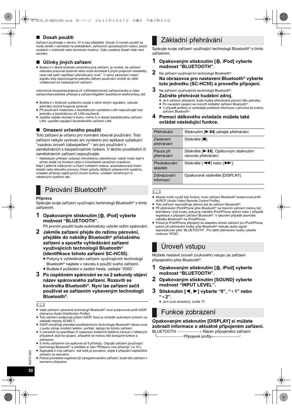 Párování bluetooth, Základní přehrávání, Úroveň vstupu funkce zobrazení | Panasonic SCHC35EP User Manual | Page 50 / 92