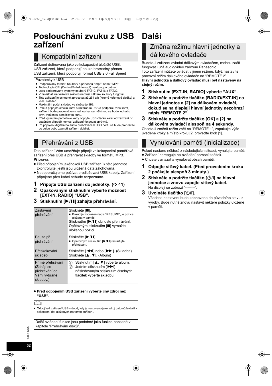 Poslouchání zvuku z usb zařízení, Další, Kompatibilní zařízení | Přehrávání z usb | Panasonic SCHC35EP User Manual | Page 52 / 92