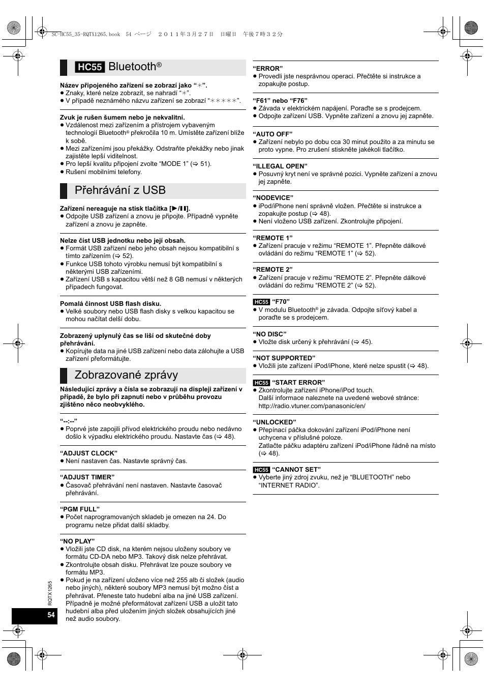 Hc55] bluetooth, Přehrávání z usb zobrazované zprávy | Panasonic SCHC35EP User Manual | Page 54 / 92