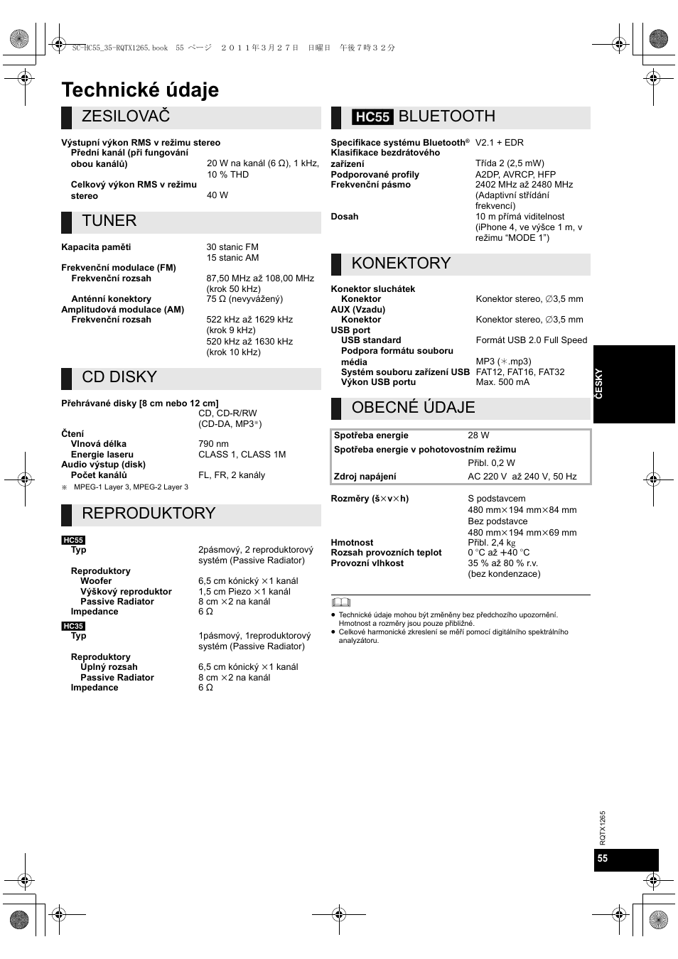 Technické údaje, Zesilovač, Tuner | Cd disky, Reproduktory, Hc55] bluetooth, Konektory, Obecné údaje | Panasonic SCHC35EP User Manual | Page 55 / 92
