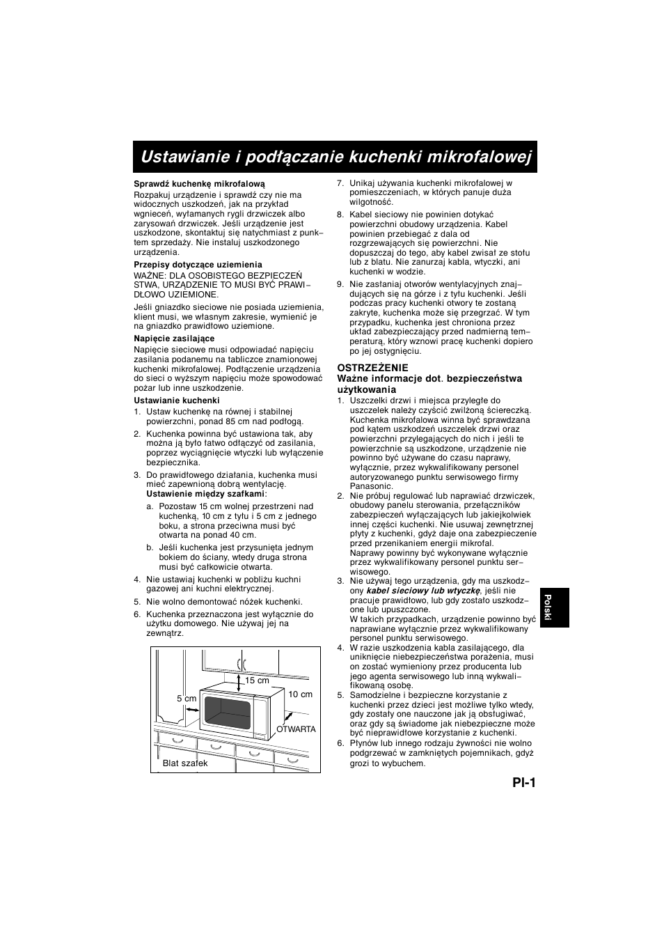 Ustawianie i podłączanie kuchenki mikrofalowej, Pl-1 | Panasonic NNK135MBEPG User Manual | Page 3 / 17