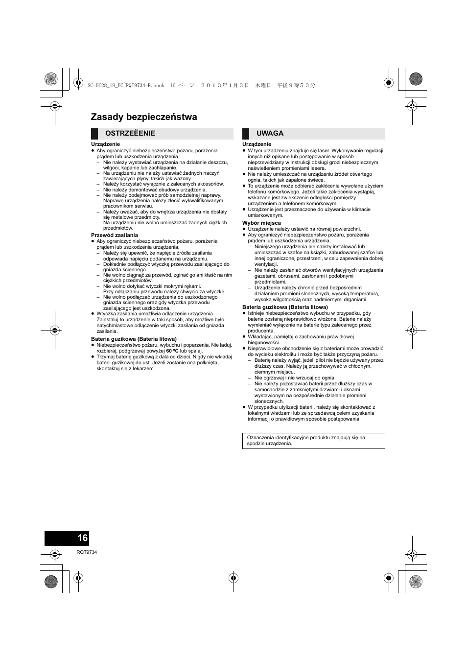 Zasady bezpieczeństwa, Ostrzeëenie uwaga | Panasonic SCHC28EC User Manual | Page 16 / 100