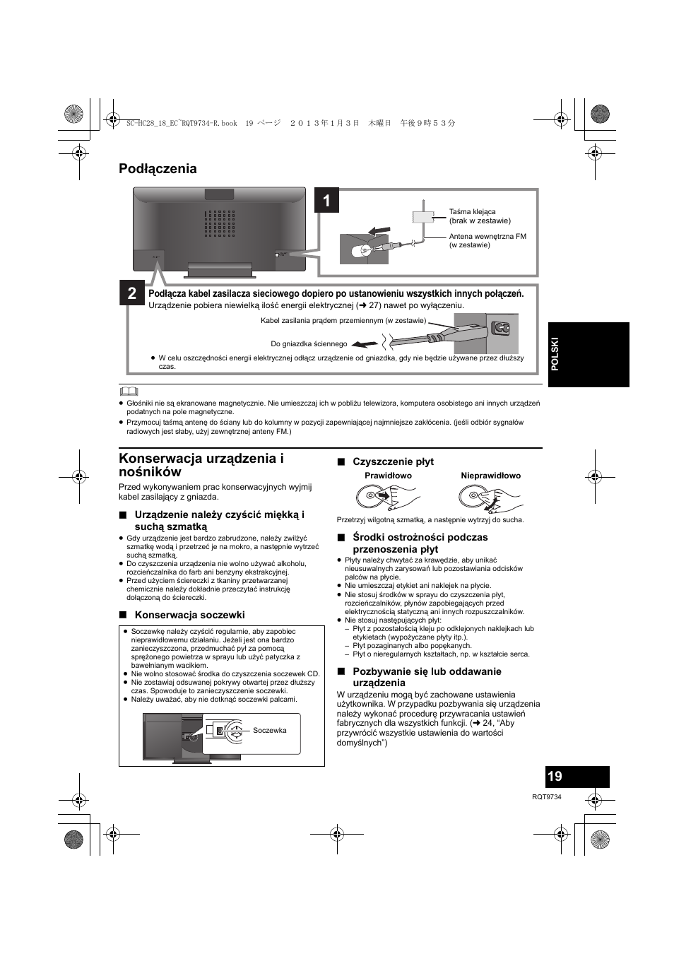 Podłączenia, Konserwacja urządzenia i nośników | Panasonic SCHC28EC User Manual | Page 19 / 100