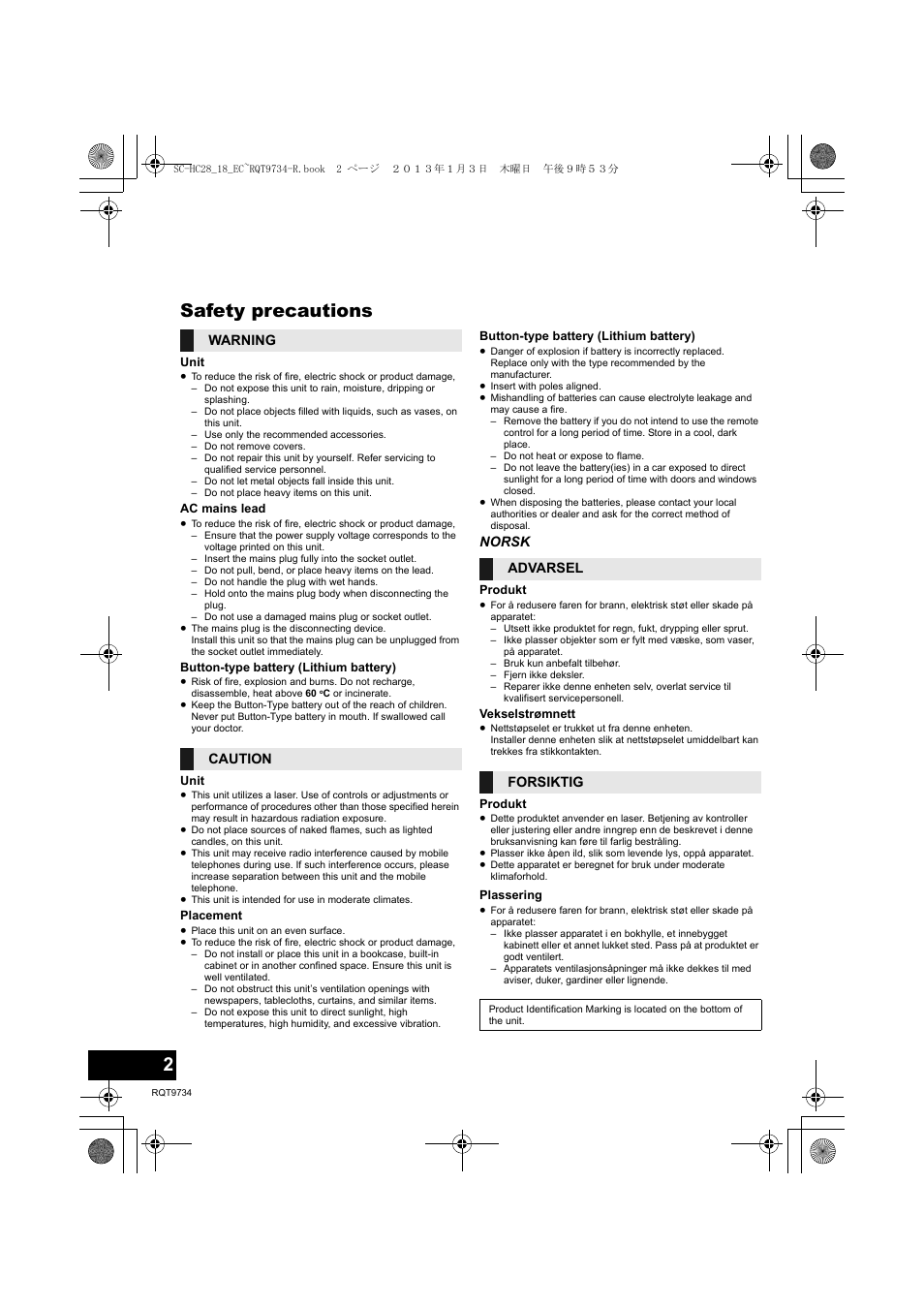 Safety precautions | Panasonic SCHC28EC User Manual | Page 2 / 100