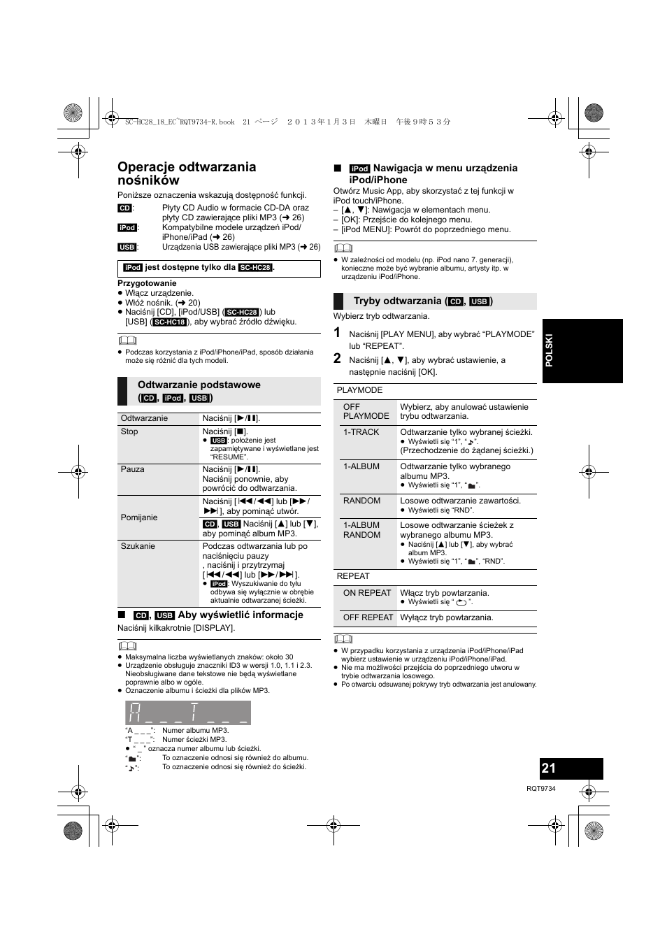 Operacje odtwarzania nośników | Panasonic SCHC28EC User Manual | Page 21 / 100