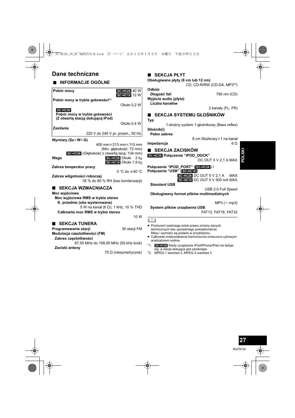 Dane techniczne | Panasonic SCHC28EC User Manual | Page 27 / 100
